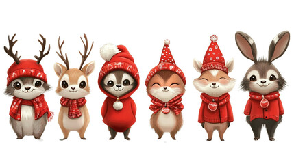 Fototapeta premium Cartoon animals in New Year's red costumes, no background, transparent background.