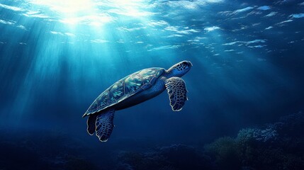 Obraz premium A sea turtle swimming in open water, with the deep blue ocean and distant rays of sunlight creating a serene atmosphere.