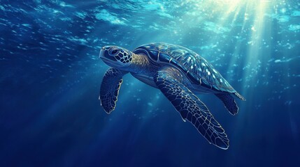 Obraz premium A sea turtle swimming in open water, with the deep blue ocean and distant rays of sunlight creating a serene atmosphere.