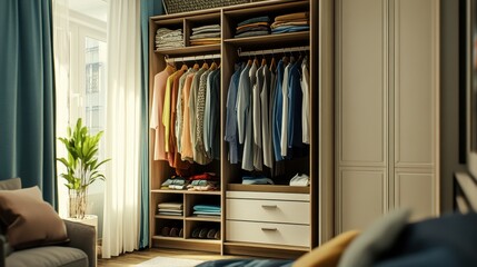A small, efficient wardrobe in a studio apartment, with clothes organized by type and color, maximizing the limited space.
