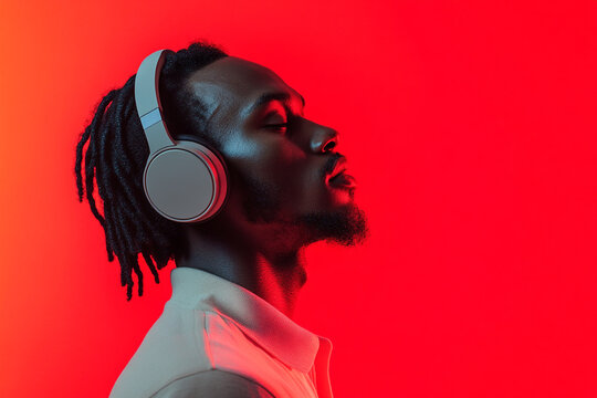 Modern Fashion Lifestyle Portrait of Men in Light Gray Headphones with Solid Neon Red Trendy Background