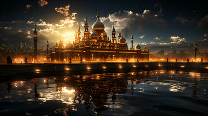 Obraz premium A Glowing Golden Mosque at night view