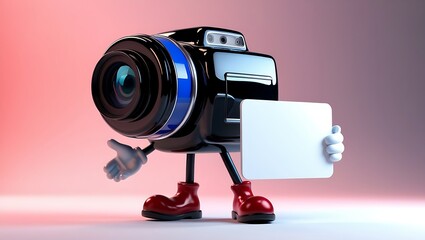 3D animated camera character with a sharp, bright, glossy black body, blue lens, wearing red shoes and white gloves, holding a blank sign.