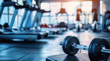 Fototapeta premium Gym Dumbbell in the Foreground of a Blurred Treadmill