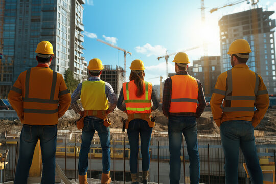 Construction workers standing in front of a massive public works construction site. 