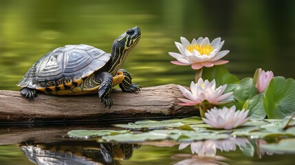 Obraz premium A turtle basking in the sun on a log in a peaceful pond, with its shell glistening and water lilies nearby.