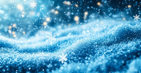 Obraz premium A snowy landscape with a blue sky and snowflakes falling. The snow is covering the ground and the sky is clear