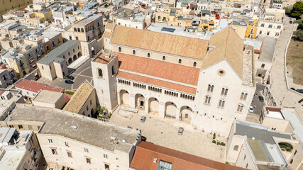 Fototapeta premium Aerial view of the Pontifical Basilica of Saint Nicholas in the old town of Bari, Puglia, Italy. It is a Catholic Church in the historic center of the city built in the Apulian Romanesque style.