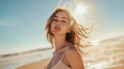 Naklejka premium beautiful attractive girl model, smiling laughing on the beach