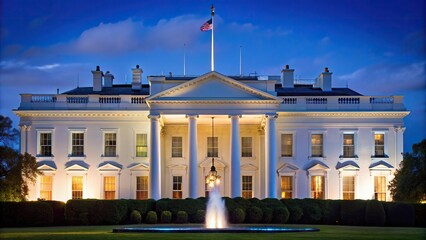 Naklejka premium The White House in Washington DC at Night Extreme Close Up, Washington DC, lights,White House, illuminated, presidential residence, symbol, American flag, grandeur, extreme close-up