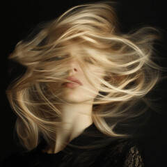 woman with wavy blond hair, we can't see her eyes, just the movement of her hair that forms a wave