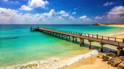 Obraz premium Seaside with a pier on the Atlantic Ocean at Sal Island Cape Verde, horizon, pier, landscape, Cape Verde, ocean, tourism, waves, Sal Island, pier perspective, coast, destination