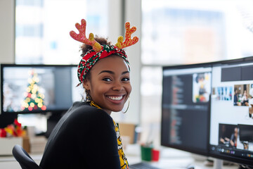 Cheerful office worker wearing festive reindeer ears celebrates the holiday spirit at her desk
