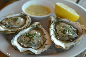 Freshly shucked oysters served on ice with lemon and dipping sauce at a seafood restaurant