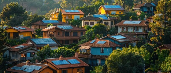Fototapeta premium Aerial View of Solar-Powered Suburban Neighborhood Embracing Renewable Energy on a Sunny Day