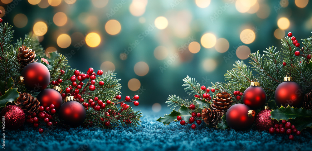 Wall mural a christmas tree with red and green decorations. the tree is surrounded by a blue background. scene 