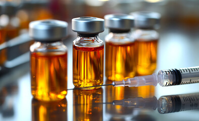 A bottle of medicine is next to a syringe. The syringe is filled with a clear liquid