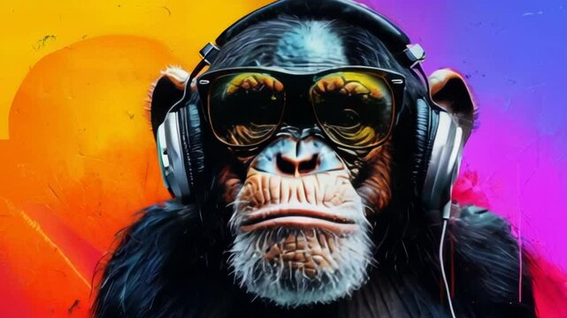 Abstract neon art featuring a chimpanzee wearing headphones, blending vibrant colors and modern design.