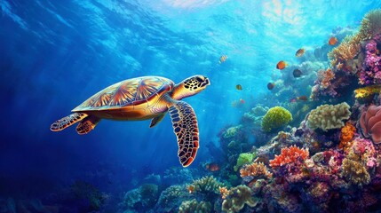 A wide shot of a sea turtle swimming above a coral reef, with vibrant marine life and clear blue water creating a vivid scene.