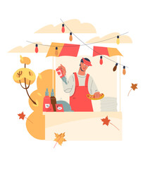 Vendor of street food truck or kiosk selling autumn snacks flat vector illustration isolated on white background. Autumn seasonal street festival vendor character.