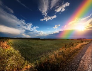 Naklejka premium Rainbow that is shining brightly over a field