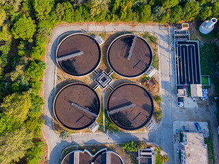 Sewage water treatment plant. Aerial view. Water cleaning system. Aerial view. Industrial factory with waste filtering operation. Ecology concept.