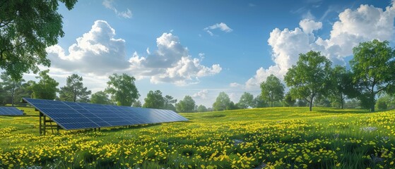 Fototapeta premium Green Energy - Solar Panel Array in Serene Rural Landscape with Trees
