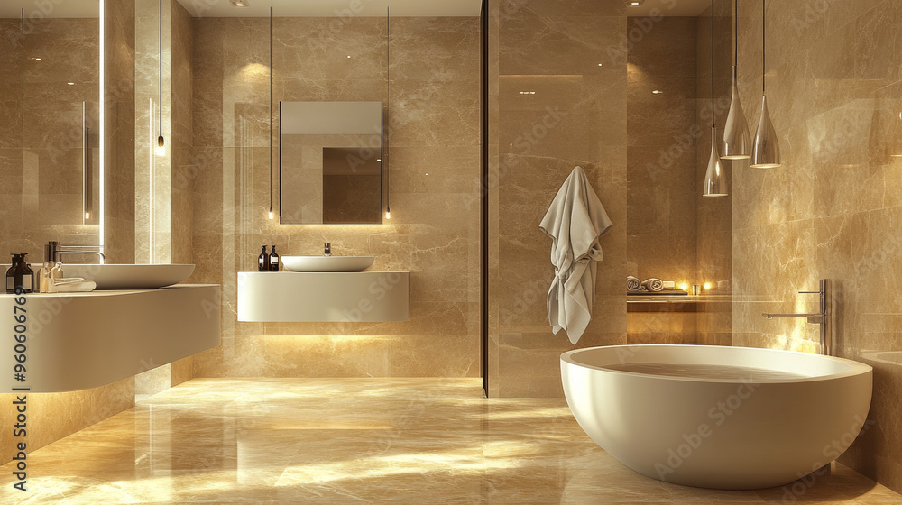 Wall mural a luxurious bathroom with gleaming beige marble walls and floors. it has two sinks and mirrors, a ro