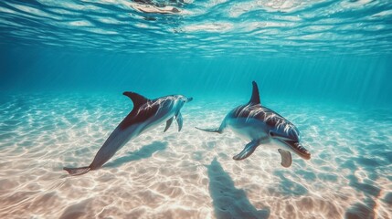 Obraz premium Dolphins swimming in a clear blue lagoon, with the shallow water revealing the sandy bottom below.