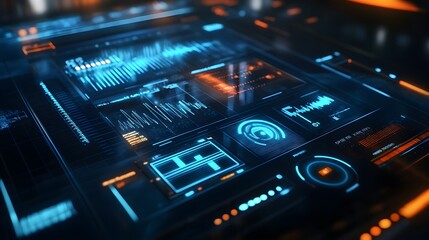 Obraz premium Digital 3D music player interface with holographic display, 3D background music, advanced and sleek.