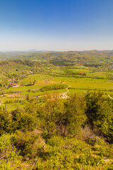 Obraz premium beautiful landscape of Walbrzych mountains seen from new viewing platform on top of Gomolnik Maly mountain at sunny day