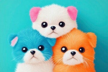 Obraz premium Three Cute Cartoon Puppies with Pink Ears and Colored Fur