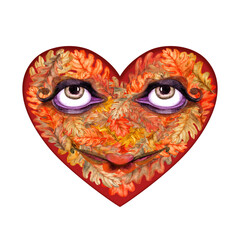 Heart with a mask with eyes and a smile made of autumn orange, oak leaves. Watercolor botanical illustration. Template with foliage texture, for stickers, posters for harvest festival, Thanksgiving