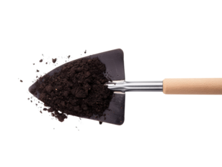 A close-up of a garden shovel with soil, showcasing the tool's design and texture for gardening and landscaping projects.
