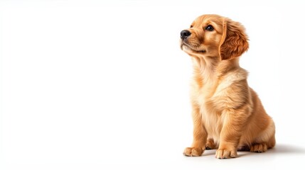 Adorable golden retriever puppy sitting on a white background, looking up with a curious expression. Perfect for pet and animal-themed content.