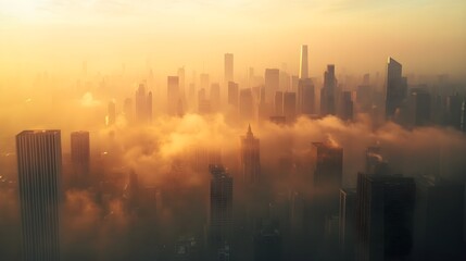 Fototapeta premium City skyline with morning haze, Monday morning, urban awakening