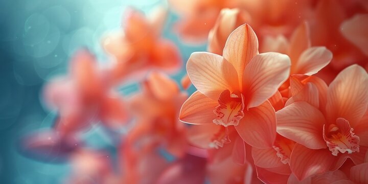 Beautiful orange orchids bloom against a blurred blue background in soft natural light