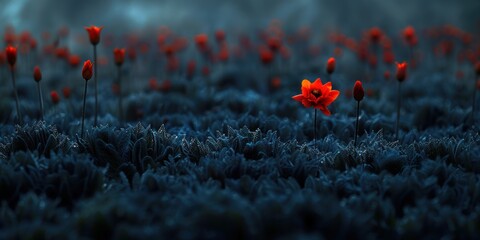 Obraz premium Vibrant red flowers blooming in a dark moody field during twilight hours