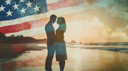 Romantic Couple Silhouetted on Beach with Flag
