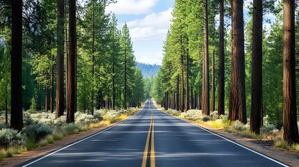 Fototapeta premium Empty road lined with towering pine trees, peaceful and isolated