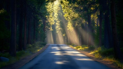 Fototapeta premium Sunlight filtering through pine trees onto a quiet forest road, tranquil and scenic