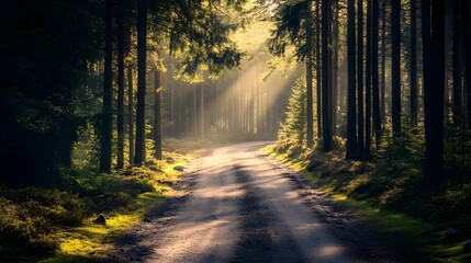 Naklejka premium Sunlight filtering through pine trees onto a quiet forest road, tranquil and scenic