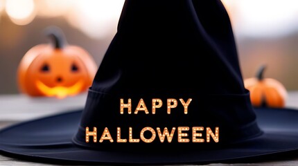 happy halloween banner featuring spiderweb witch hat