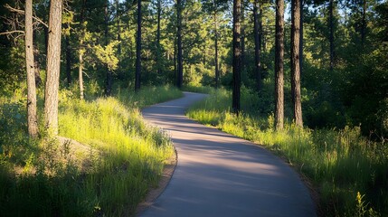 Bicycle path winding through a pine forest, inviting and serene