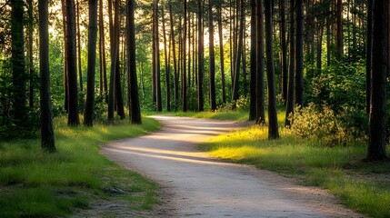 Obraz premium Bicycle path winding through a pine forest, inviting and serene