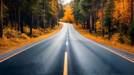 Scenic drive through autumnal pine forest, colorful foliage lining the road