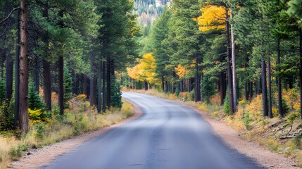 Fototapeta premium Scenic drive through autumnal pine forest, colorful foliage lining the road