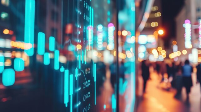 Nighttime city street with a digital stock display and vibrant lights