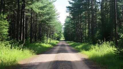Fototapeta premium Gravel road in pine forest, rustic and rural charm