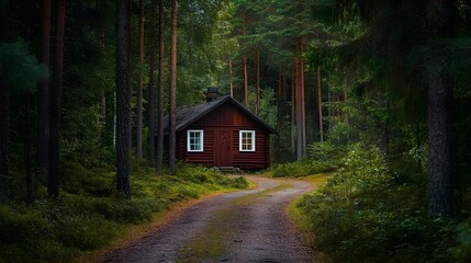 Road leading to a hidden cabin in a pine forest, mysterious and inviting